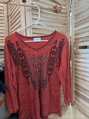 Cactus Bay Women's Rust Aztec Studded Scoop Neck Top XL